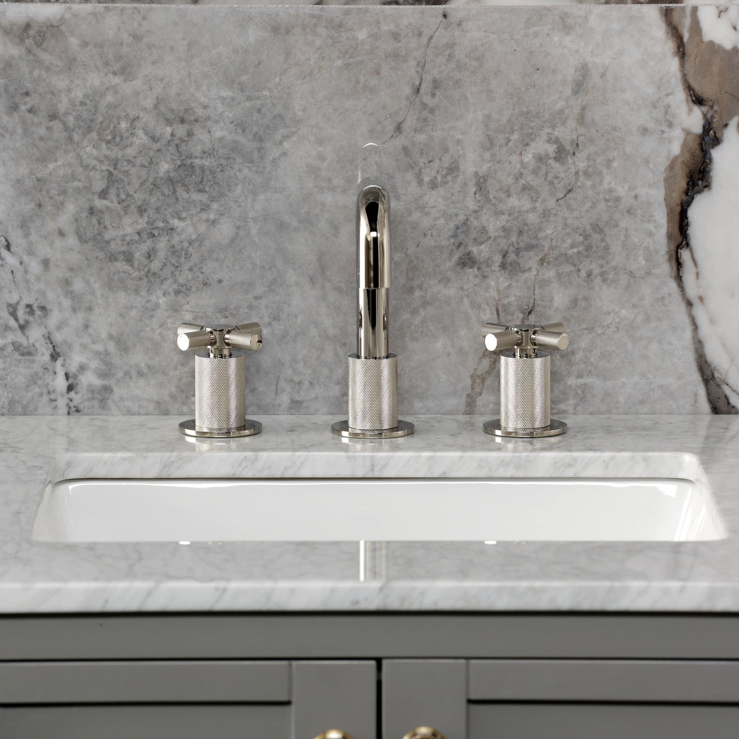 Kingston Sona KS1416KNX - Convergent Two-Handle 3-Hole Deck Mount Widespread Bathroom Faucet with Push Pop-Up Drain, Polished Nickel — thumbnail 3